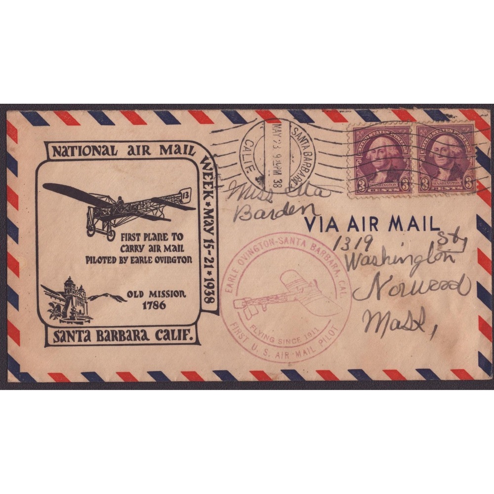 1938 National Air Mail Week Santa Barbara CA Earle Ovington Pilot Postal Cover - Picture 1 of 2
